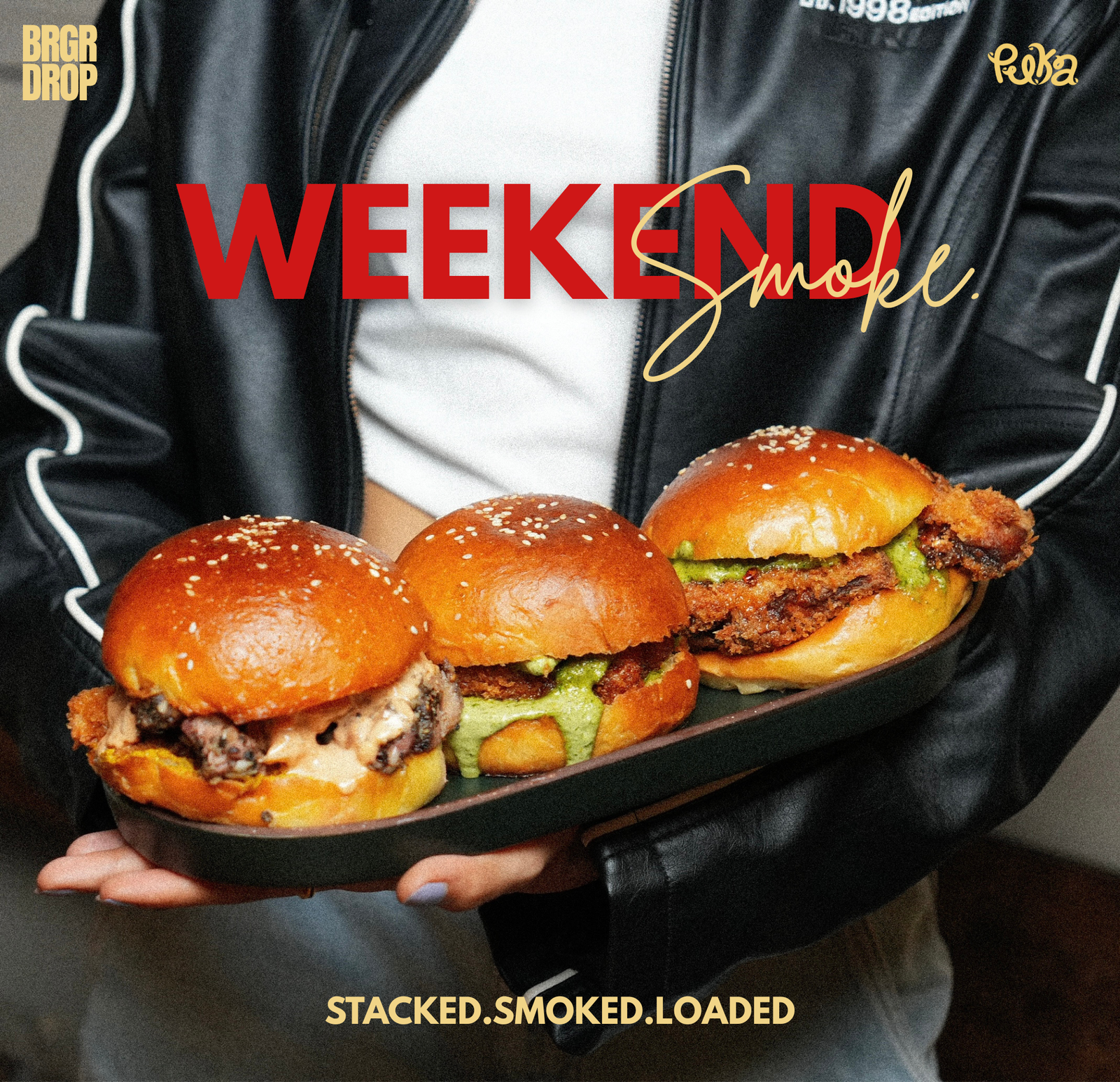 Weekend Smoke burger drop — stacked, smoked, loaded
